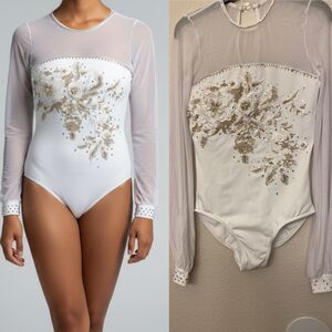 White custom solo Dance costume embellished long poet sleeve Leotard SA adult